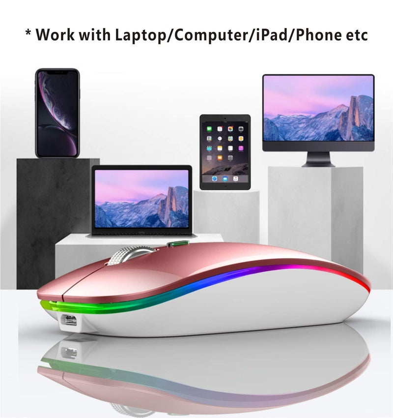 TENMOS Wireless Bluetooth Mouse, LED Slim (BT 5.1 + USB) 2.4GHz Rechargeable Silent Mouse with Type C Adapter for Laptop/MacBook/iPad OS 13 and Above (Rose Gold) - Image 5